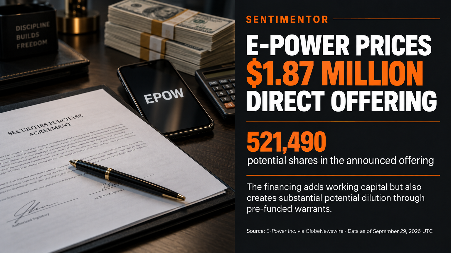 X news graphic for E-Power announces approximately $1.87 million registered direct offering