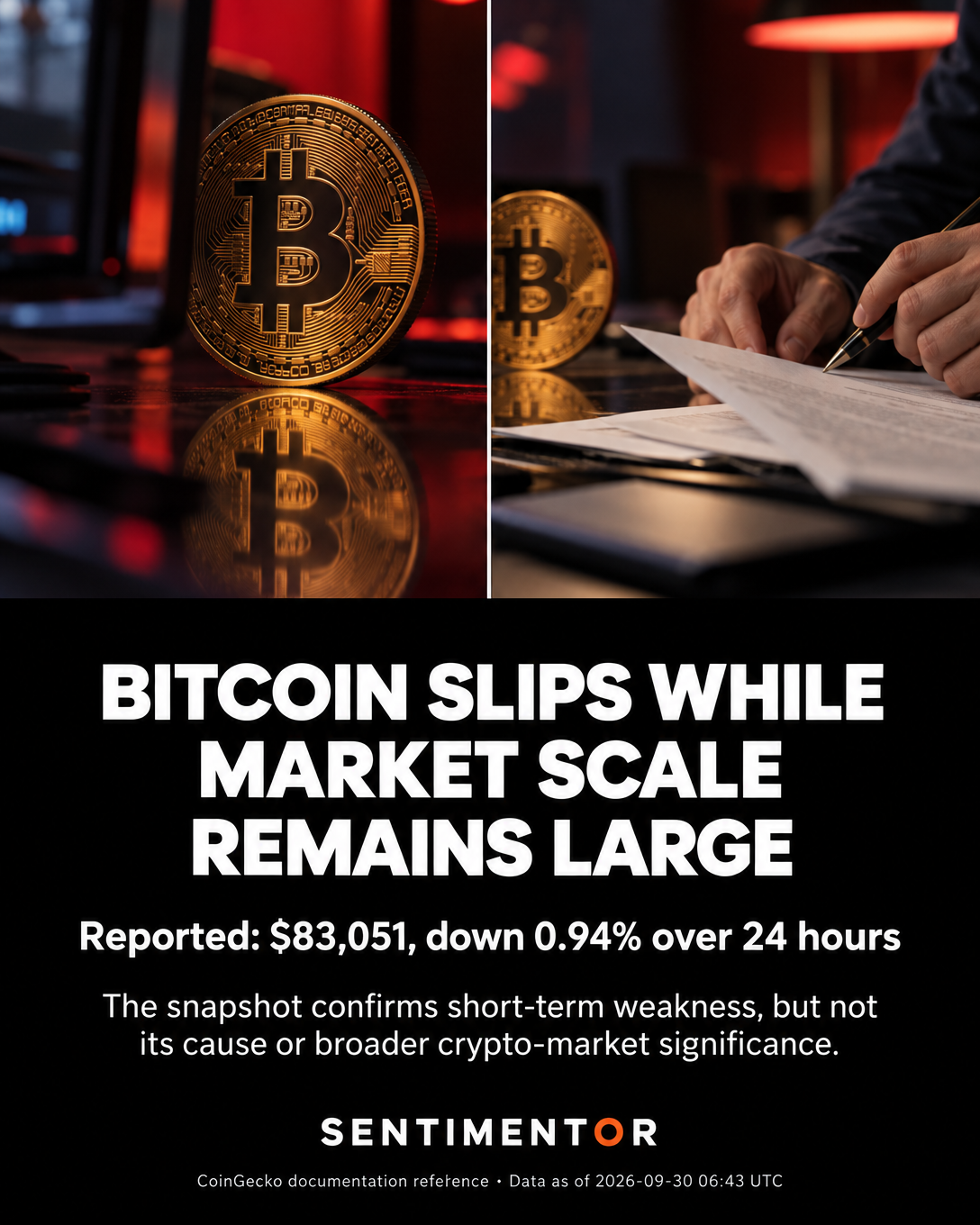 Editorial graphic for Bitcoin trades lower over the latest 24-hour period while retaining substantial market capitalization