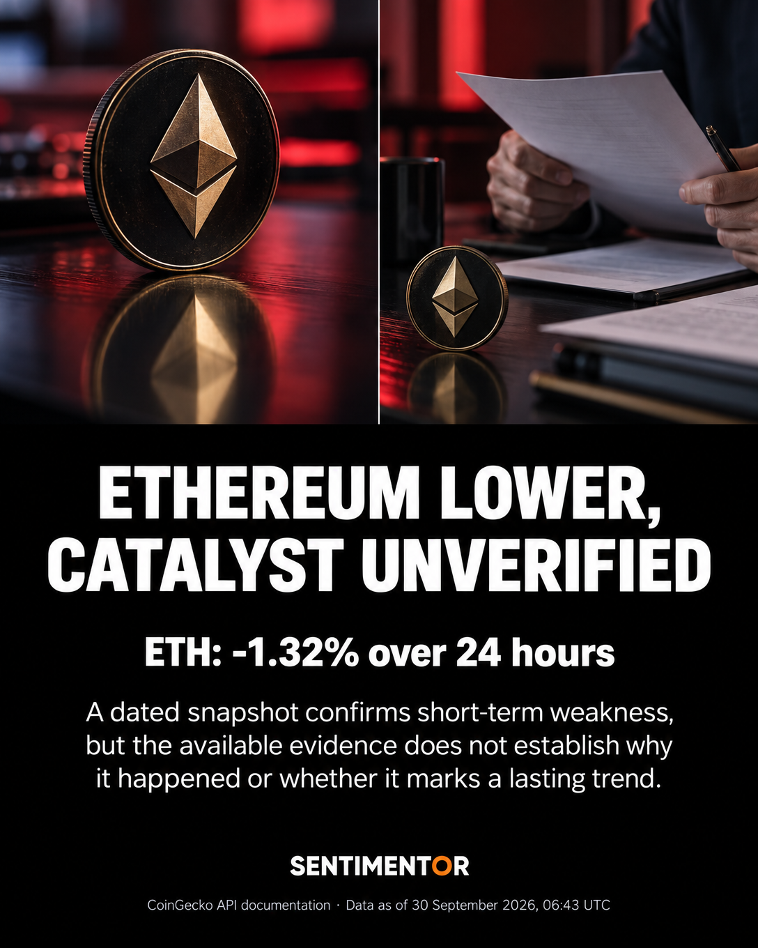 Editorial graphic for Ethereum declines over 24 hours amid weaker seven-day performance