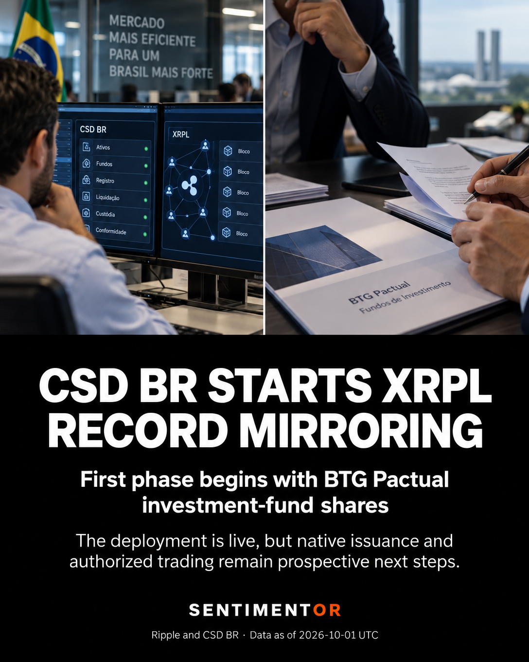 Editorial graphic for Brazilian securities infrastructure operator CSD BR begins mirroring BTG Pactual fund-share records on the XRP Ledger