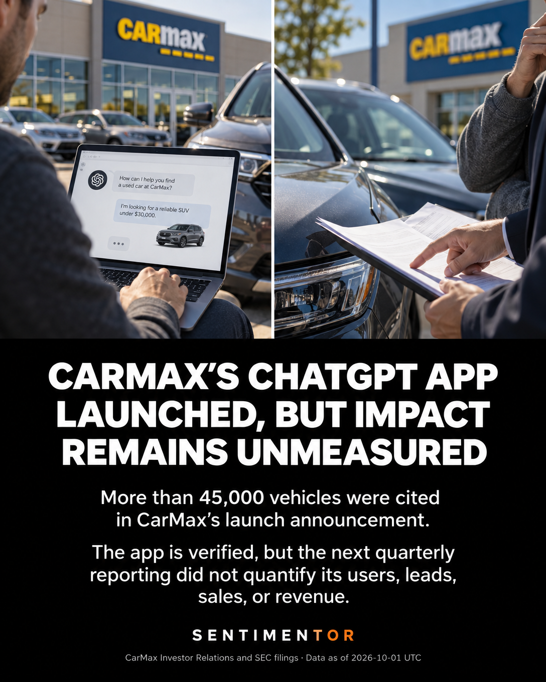 Editorial graphic for CarMax launched a car-shopping and selling app in ChatGPT