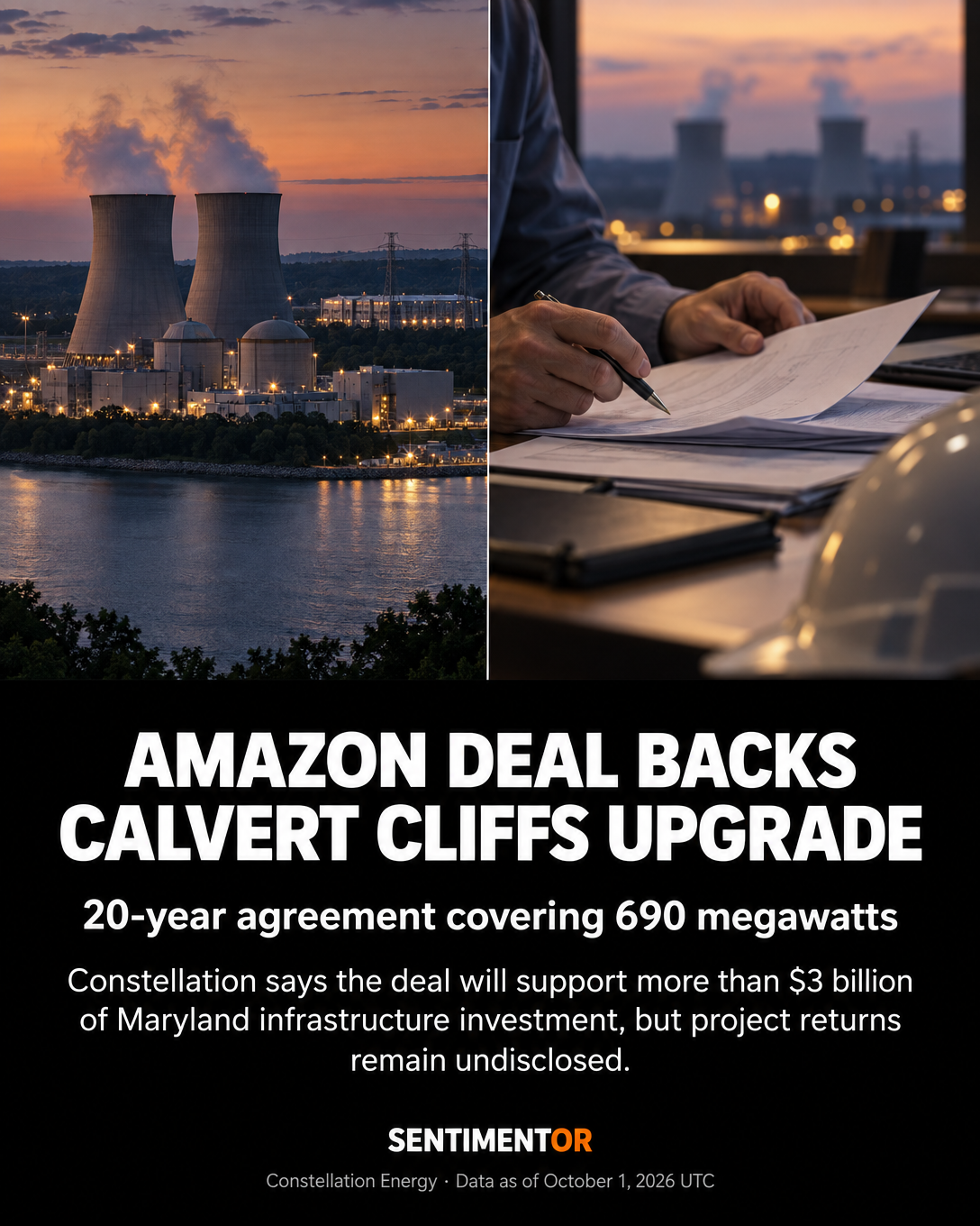 Editorial graphic for Constellation and Amazon signed a 20-year nuclear power agreement supporting $3 billion of upgrades