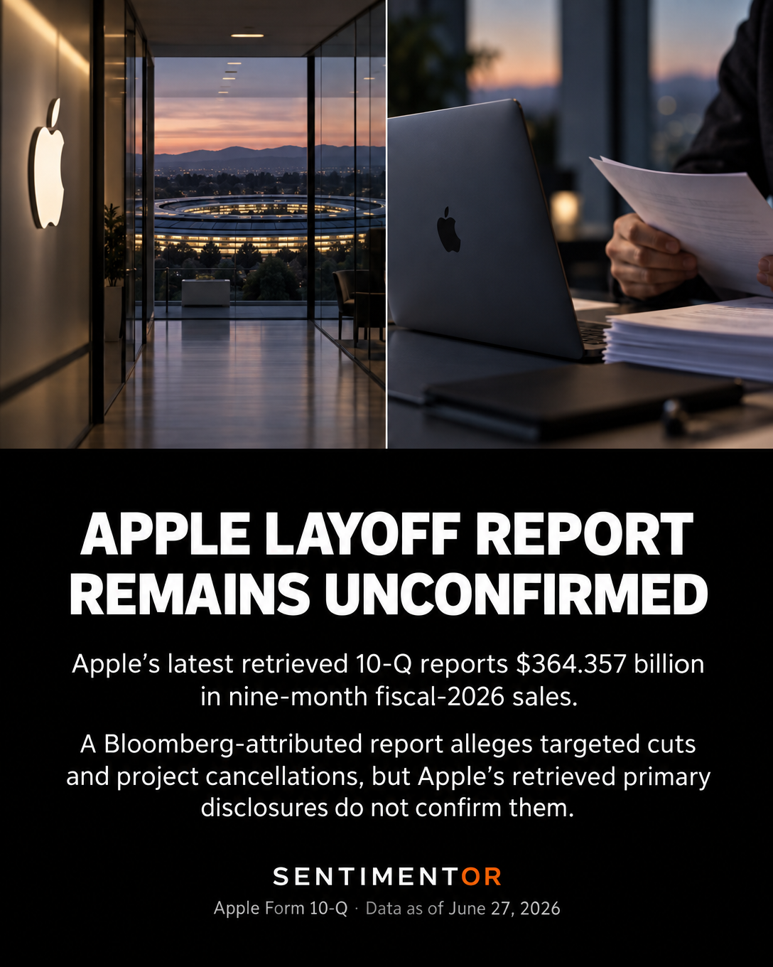 Editorial graphic for Reports of targeted Apple layoffs and project cancellations remain unconfirmed by Apple