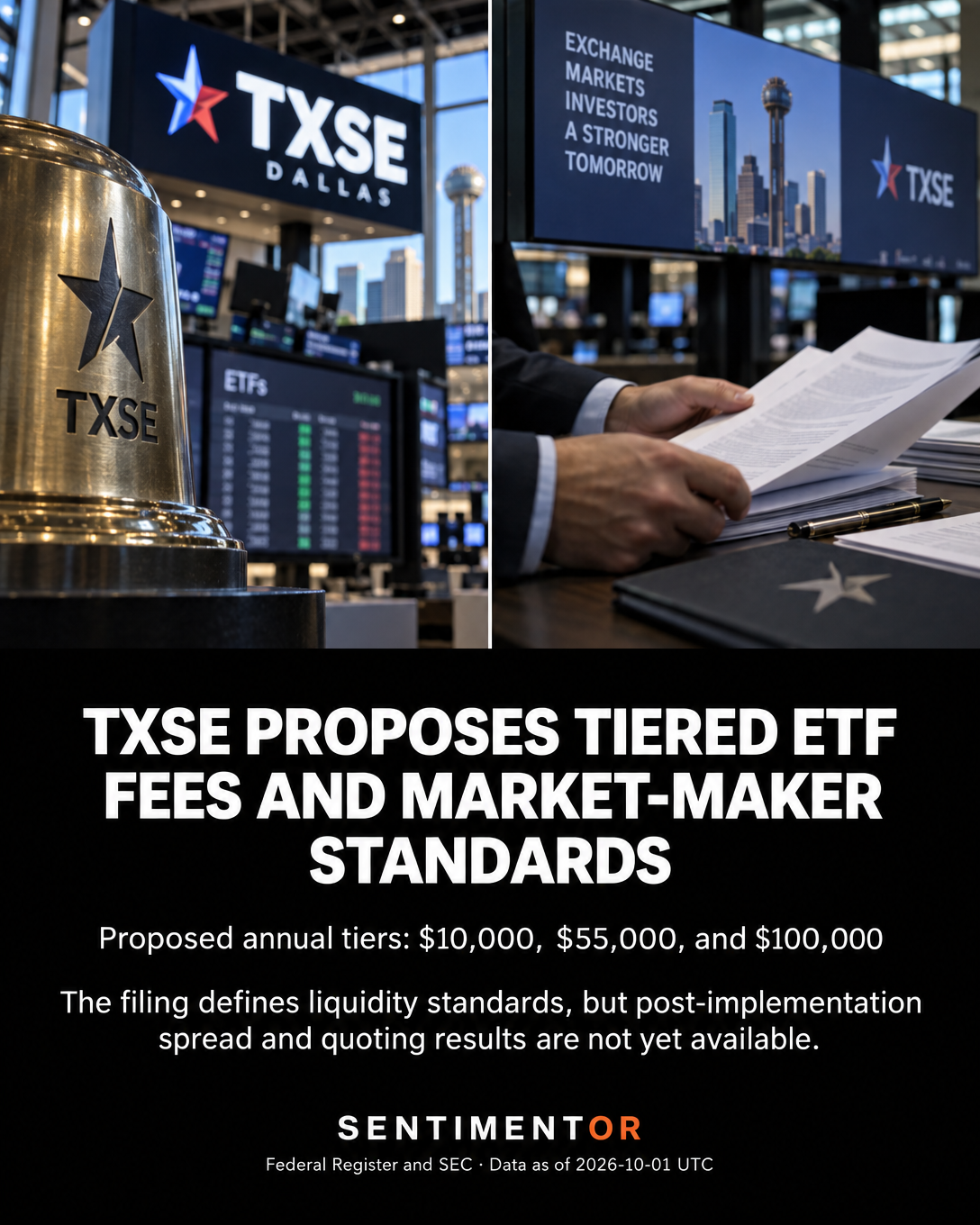 Editorial graphic for Texas Stock Exchange proposes tiered ETP listing fees and lead-market-maker standards