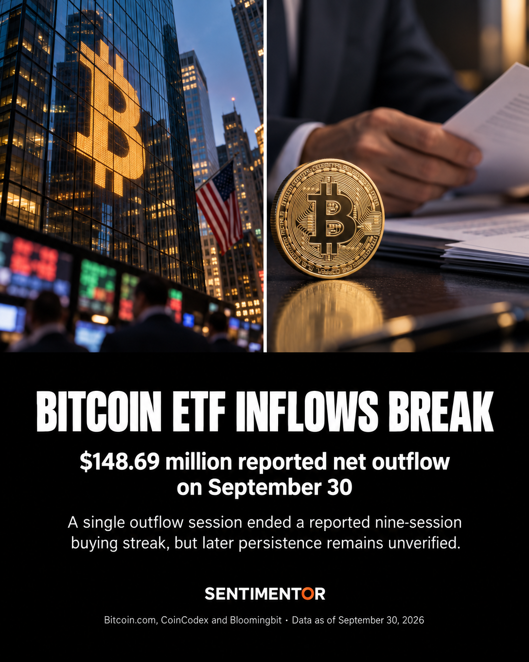 Editorial graphic for U.S. spot Bitcoin ETFs record $148.69 million of outflows after nine-session inflow streak