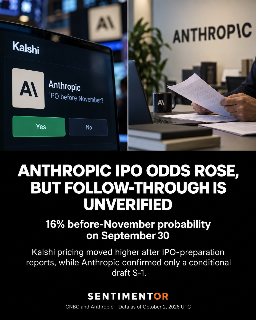 Editorial graphic for Prediction-market odds for an Anthropic IPO rose sharply after reports of IPO preparations