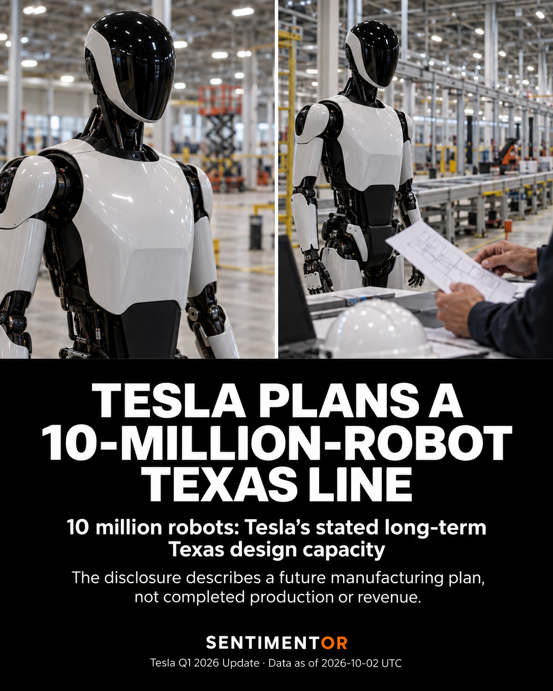 Editorial graphic for Tesla outlines long-term capacity design for up to 10 million Optimus robots annually