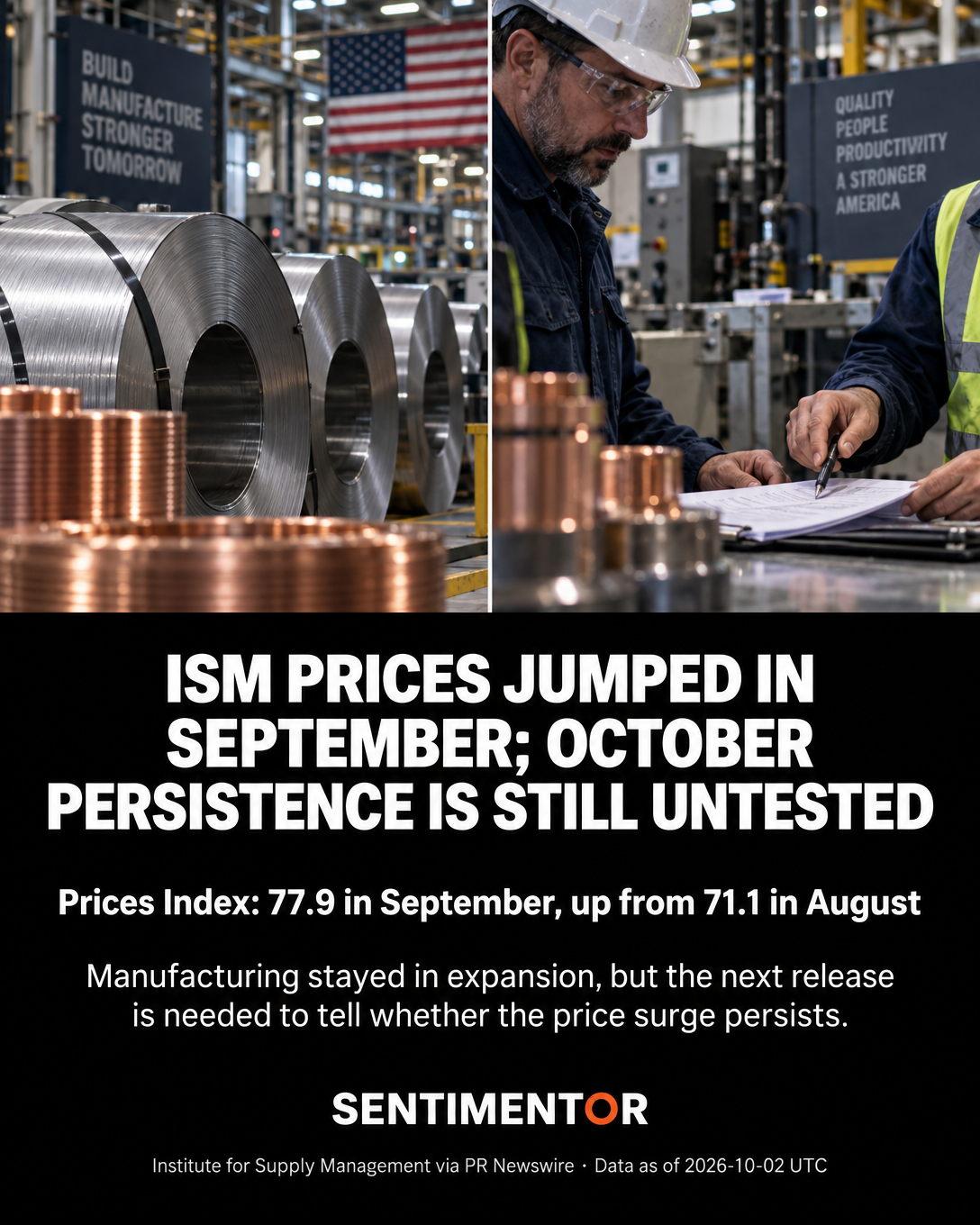 Editorial graphic for US manufacturing activity stayed in expansion, but input-price pressure jumped