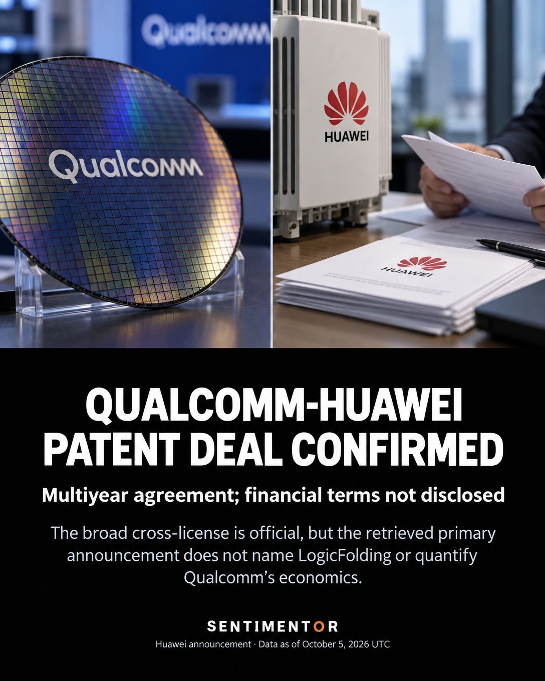 Editorial graphic for Analysis: Qualcomm and Huawei confirm a broad, multiyear patent agreement, but financial impact remains undisclosed