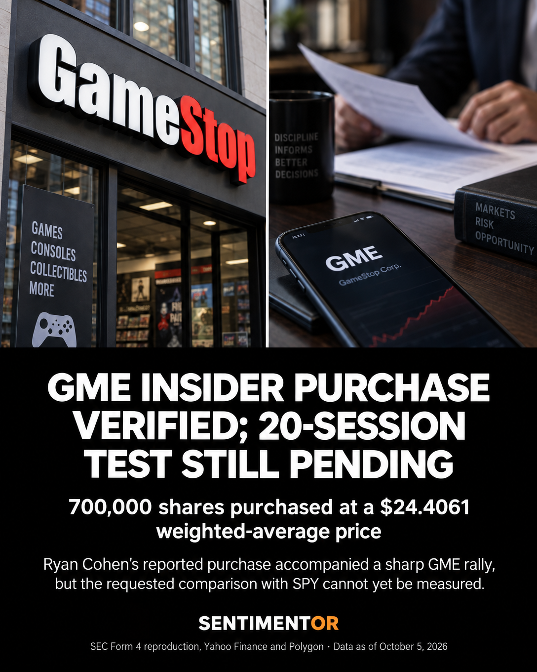 Editorial graphic for GameStop shares rose 35% over one month as CEO Ryan Cohen and directors reported open-market purchases