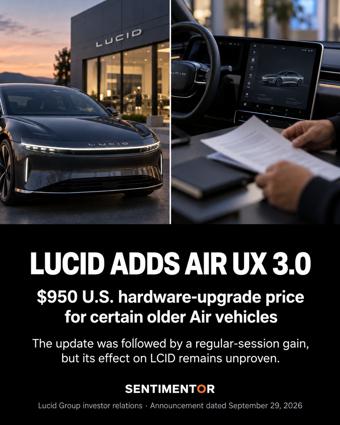 Editorial graphic for Lucid announced the Air UX 3.0 over-the-air software update on September 29, 2026