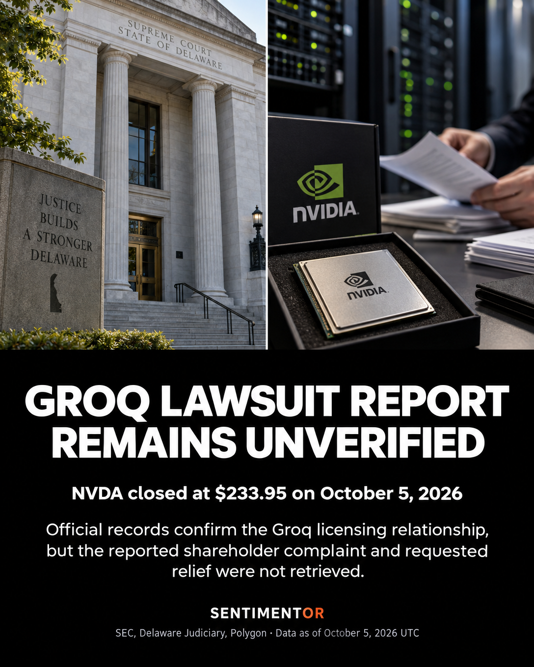 Editorial graphic for Nvidia's Groq licensing arrangement faces a new shareholder lawsuit, but the primary complaint was not accessible