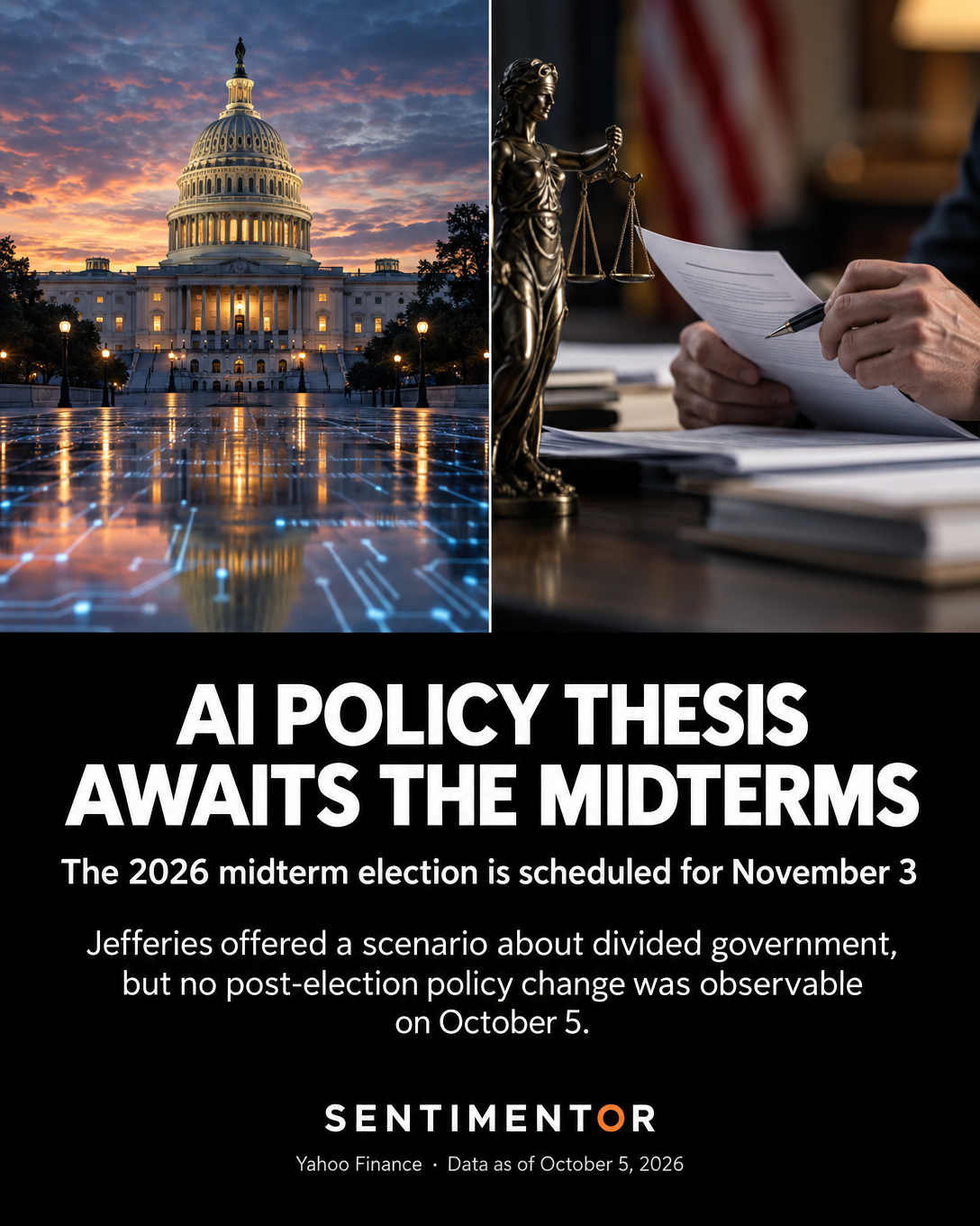 Editorial graphic for Yahoo Finance reports a Jefferies view that a divided U.S. Congress after the November 3, 2026 midterm elections could reduce fragmentation in AI regulation