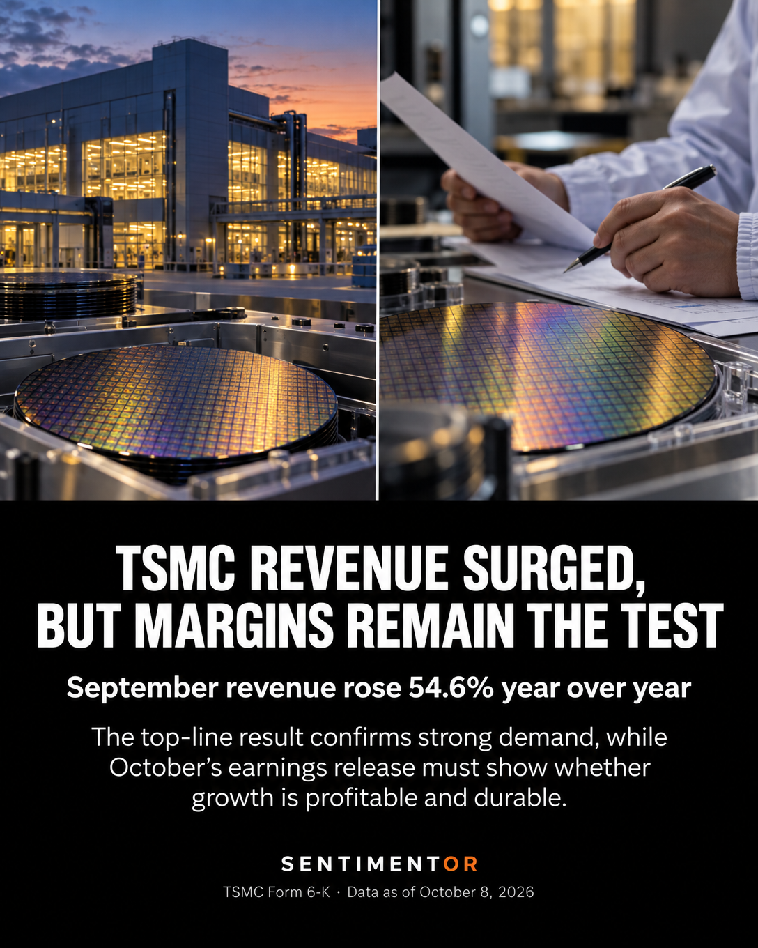 Editorial graphic for Analysis: TSMC’s September revenue surged, but the full AI-demand test is next week