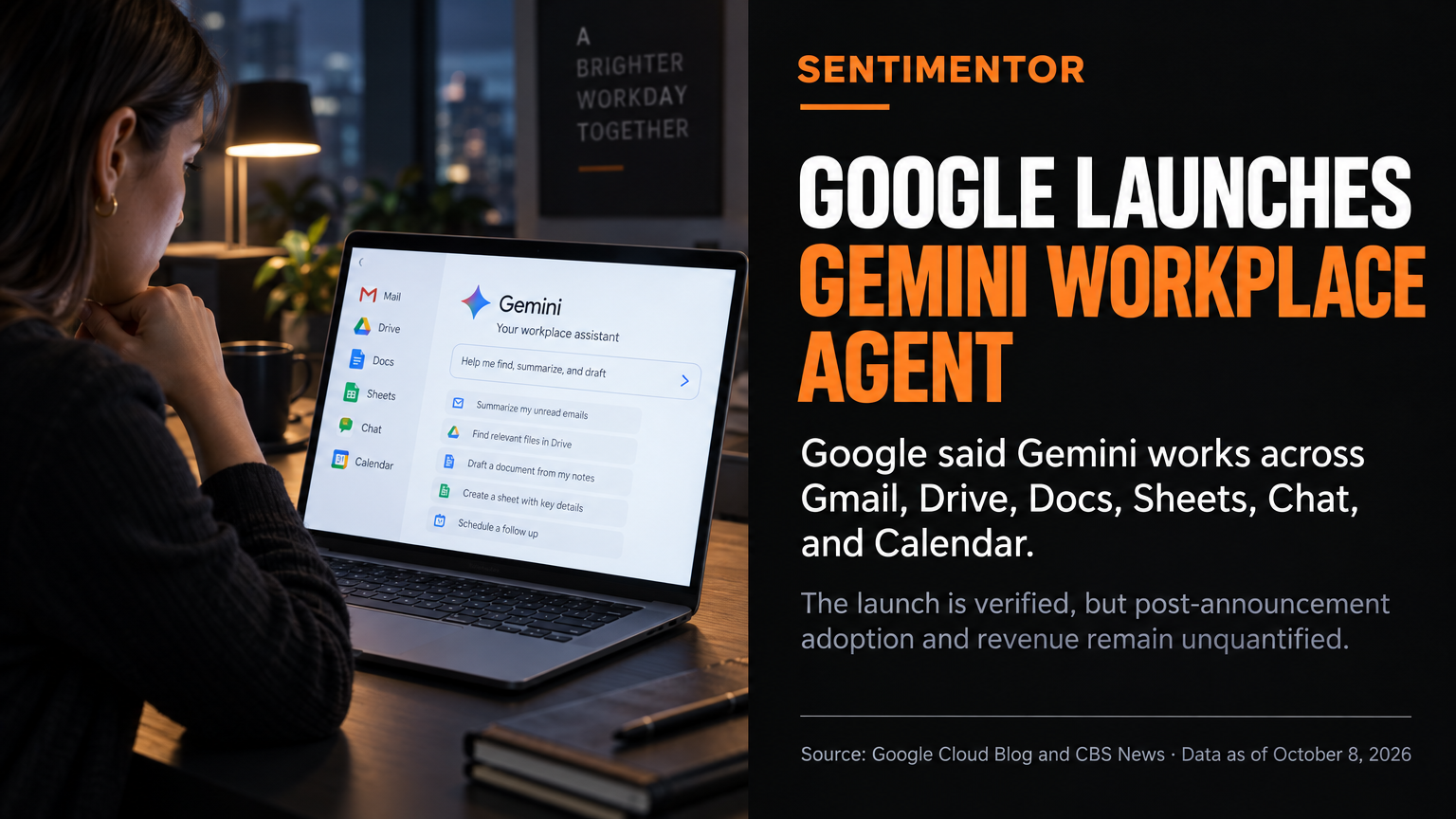 X news graphic for Google unveils Gemini agent for workplace tasks and Workspace integration