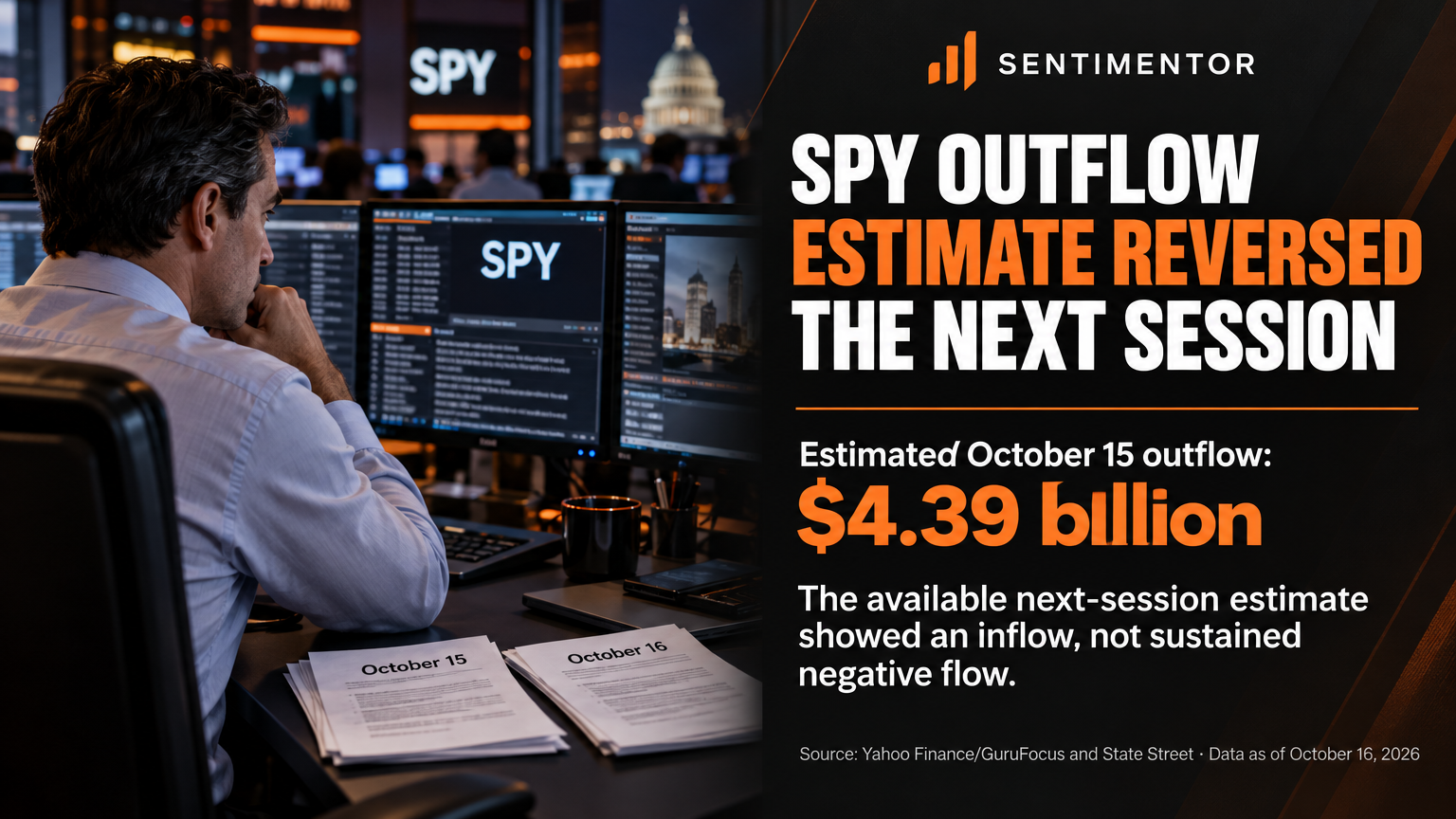 News card: Analysis: A reported $4.39 billion SPY outflow was an estimate for October 15, not proof of sustained selling